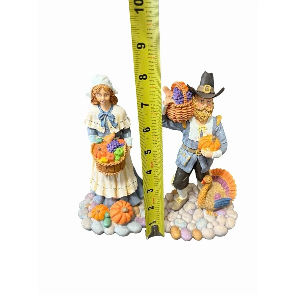 Vtg 90s Harvest Couple Pilgrims Cobblestone Resin Thanksgiving Figures Fall 8”